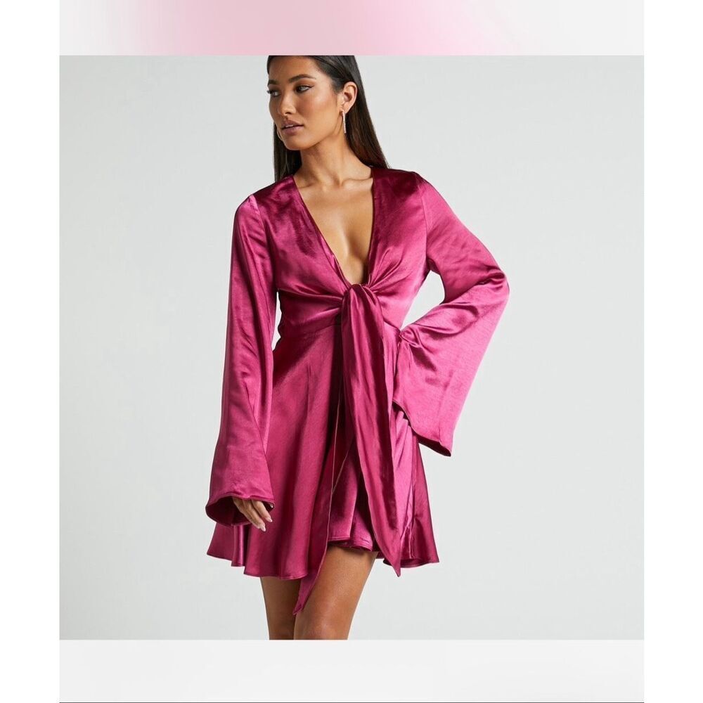 Showpo Marneth Hot Pink Magenta Mini Dress Deep V-neck Tie front bust detail